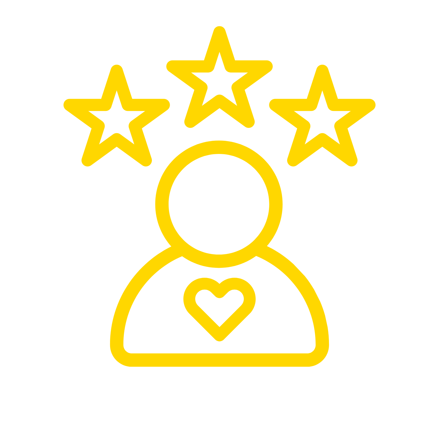 Yellow line drawing of a person with a heart on their chest, surrounded by three stars above their head on a black background.