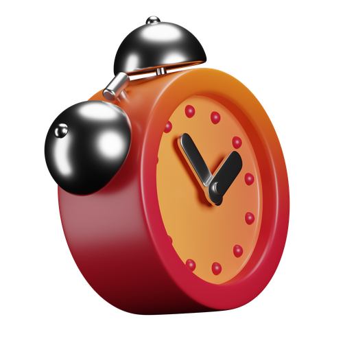 A red and orange cartoon alarm clock with black hands and silver bells on top.