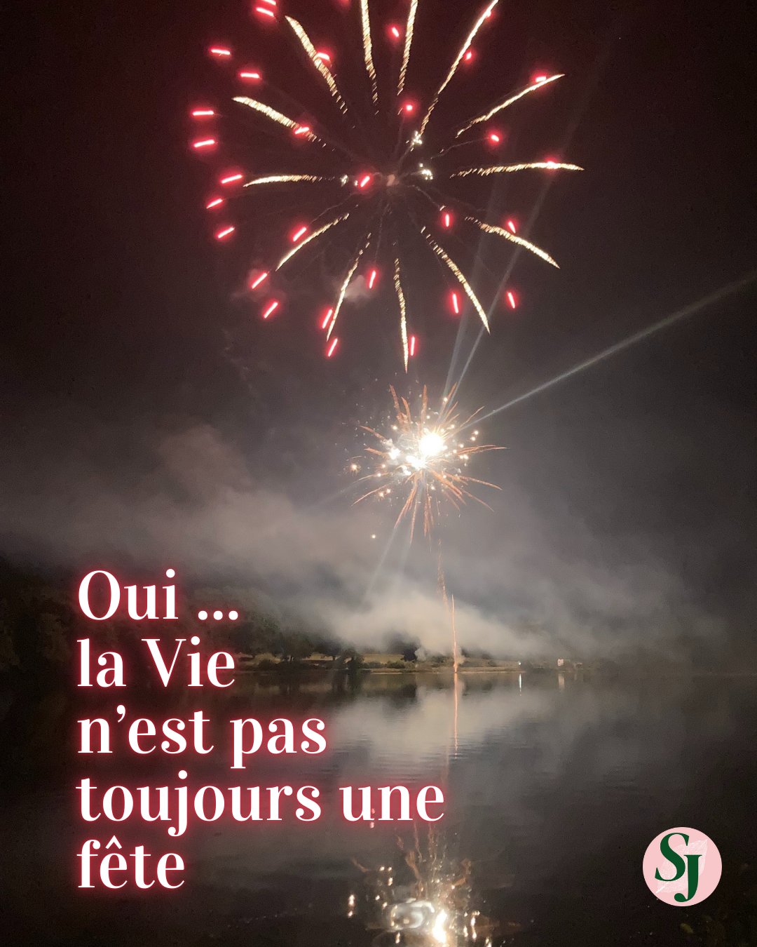 Feux d'artifice dans le ciel nocturne avec reflection dans l'eau, texte en français : "Oui ... la Vie n'est pas toujours une fête", logo en bas à droite.