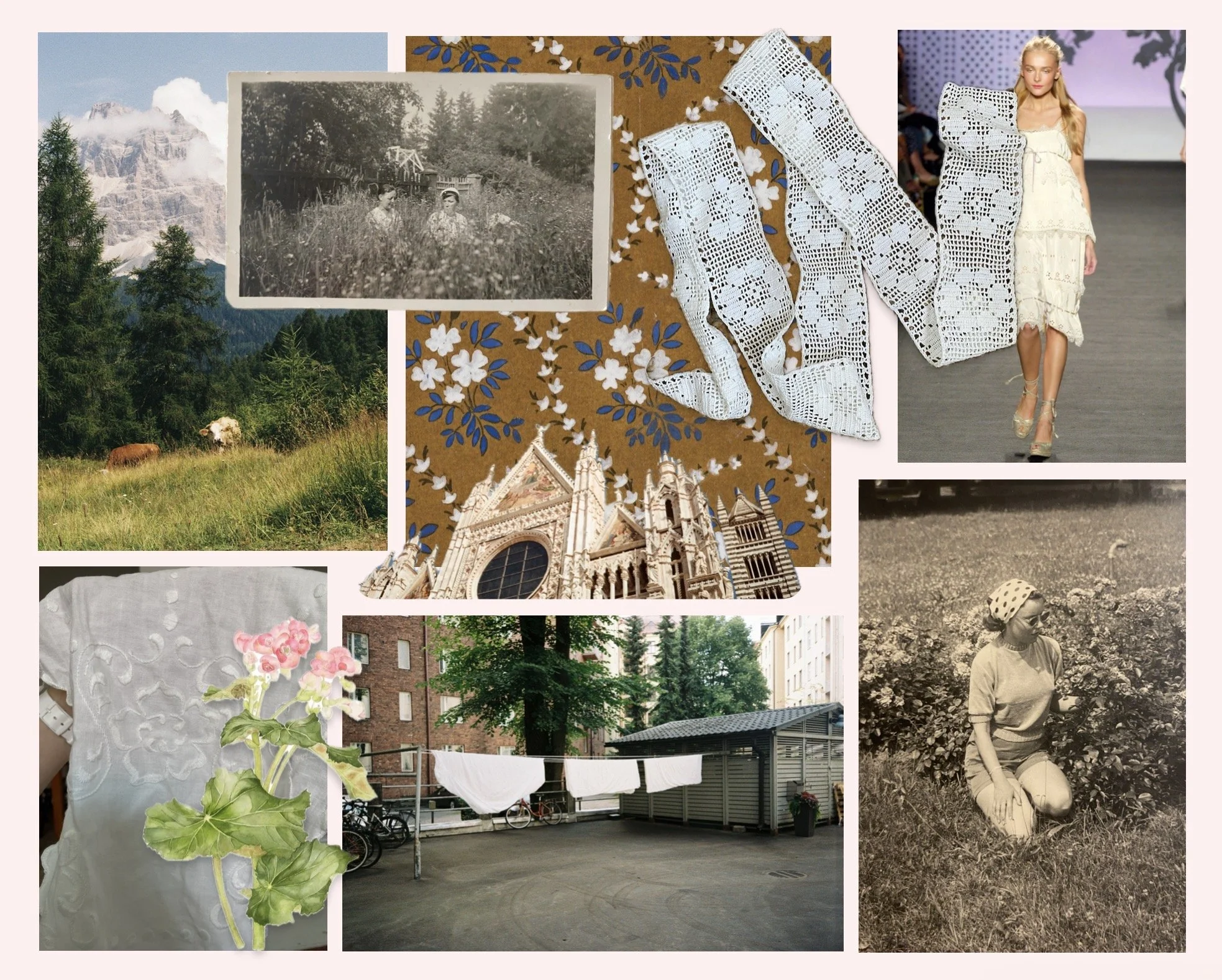 Alpine flora, vintage Finnish textiles, laundry drying in the summer, intricate stonework of the Duomo in Siena, old photos of Finnish women enjoying summer.