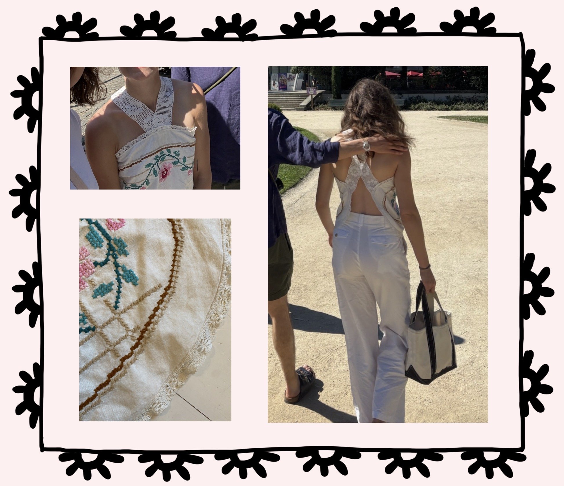 Details from the embroidered table linen that made up the bodice of the top. Wearing the top out and about in Portugal.