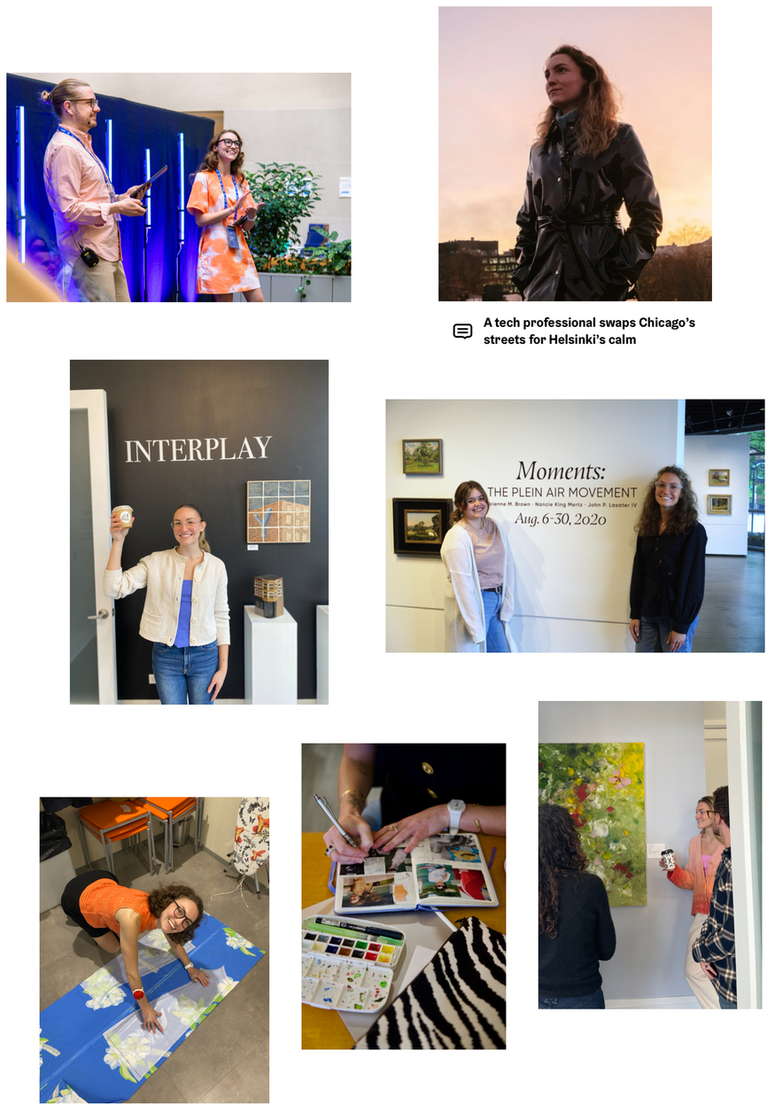 Collage of six images featuring people engaging in various activities: two people at a tech event talking, a woman standing outdoors at sunset, a woman at an art gallery holding a small sculpture, two women in an art museum near a sign for an exhibit, a person on the floor creating art on fabric, a person shopping for art supplies, and two women discussing a painting.