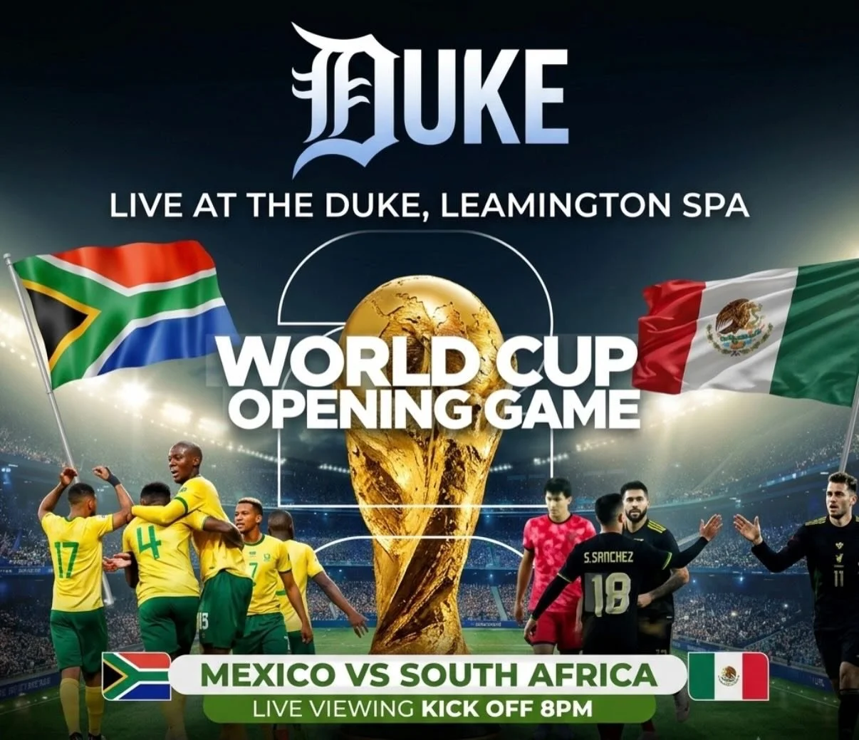 The countdown is on! ⚽️🏆 Catch the World Cup Opening Game live tonight at The Duke.
🇲🇽 Mexico vs South Africa 🇿🇦
🕒 Kick-off at 8PM
📺 Showing on all TVs + the Big Screen!
🍺 MATCH DEAL: Get 2 x Duke Lagers for &pound;8 all night long!
Tag your 