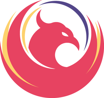A stylized pink phoenix with a purple and yellow crescent in the background.