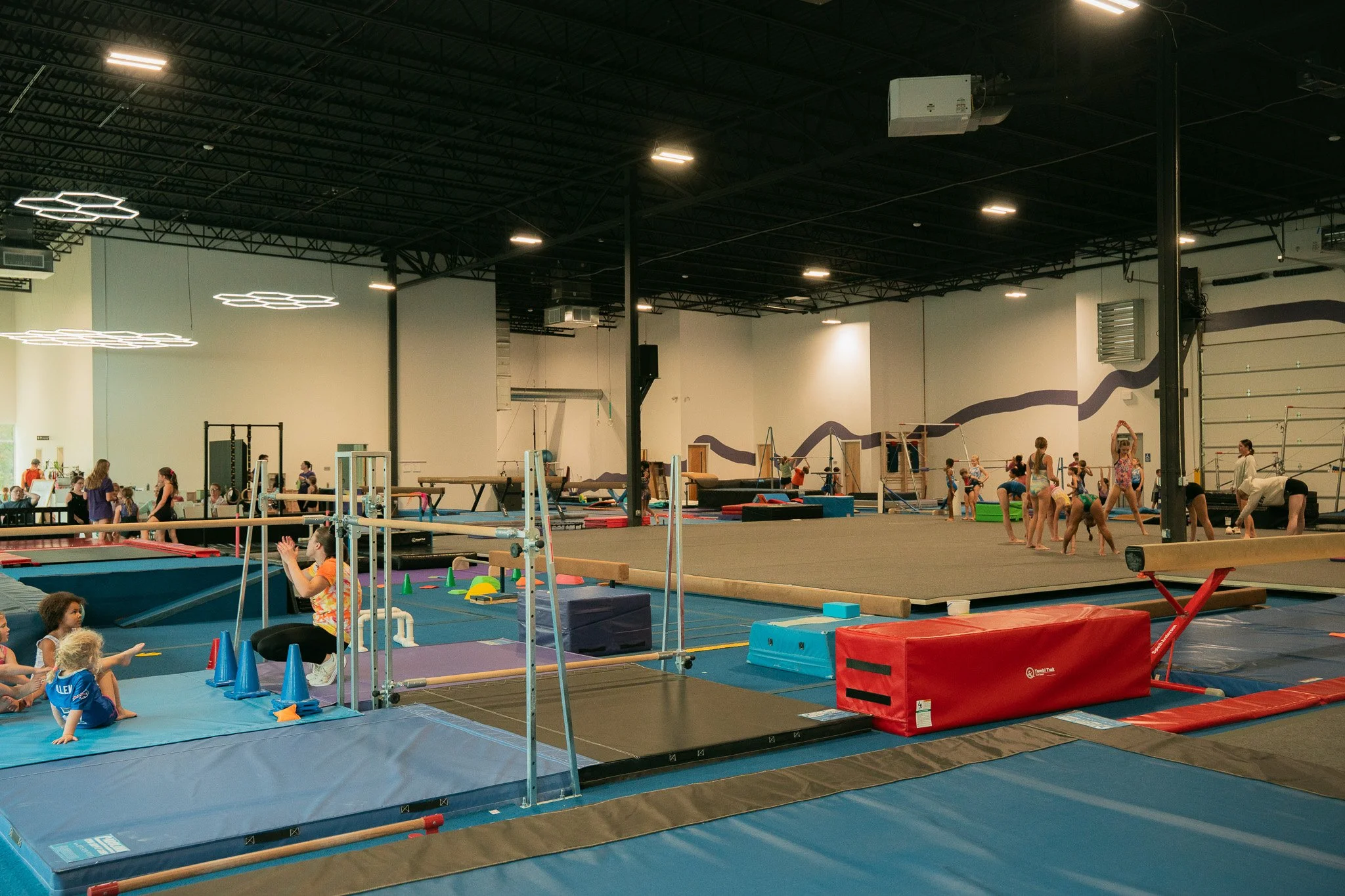 Interior of a gymnastics gym with various equipment and children practicing or playing on mats and apparatuses.