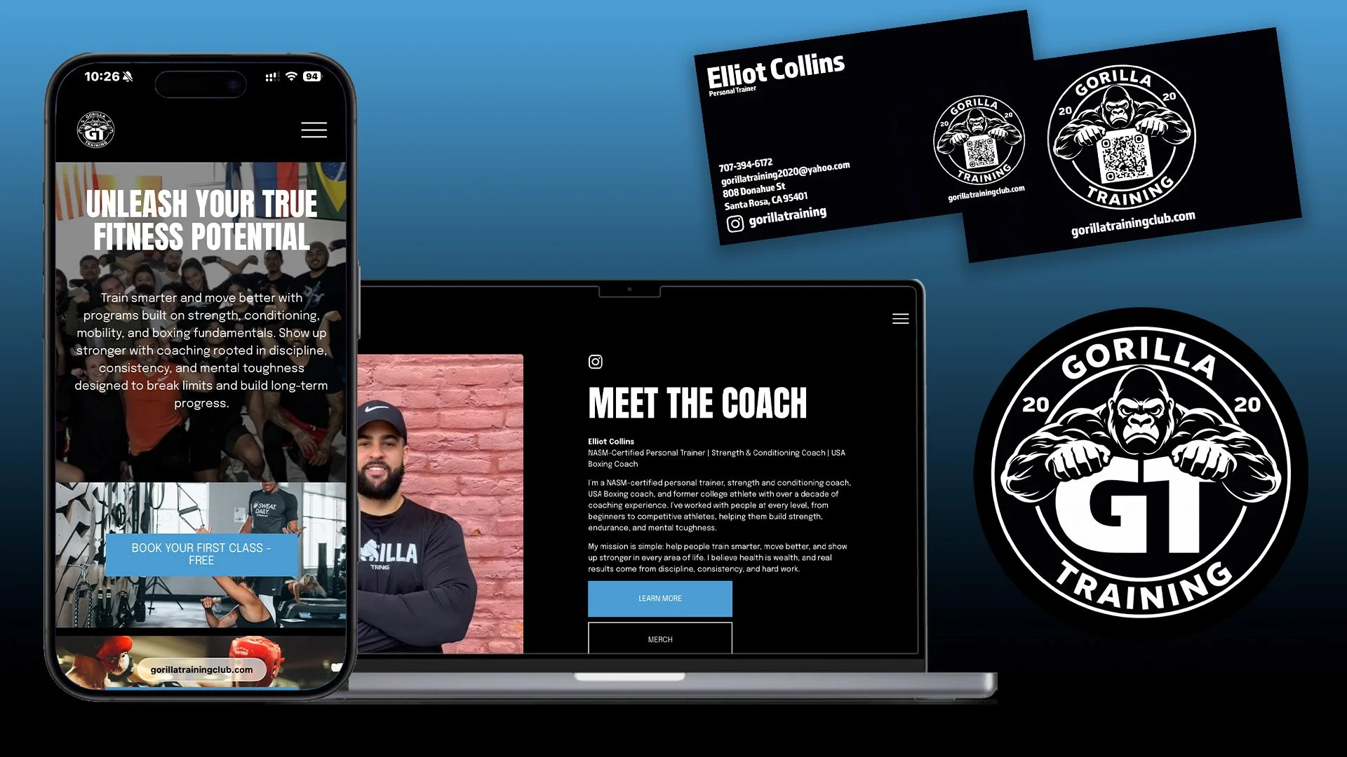 A smartphone and laptop display branding and information for Gorilla Training Club, including a mobile website with fitness program details and a photo of the coach, Elliot Collins. Business cards with the Gorilla Training Club logo and contact info are also visible.