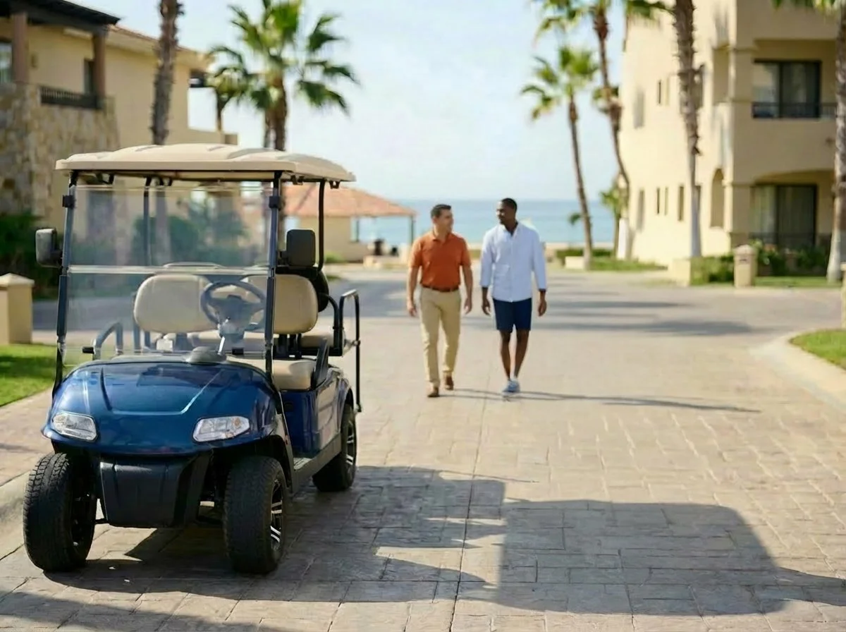 Golf cart parked on a resort pathway in Cabo San Lucas with team members walking nearby.