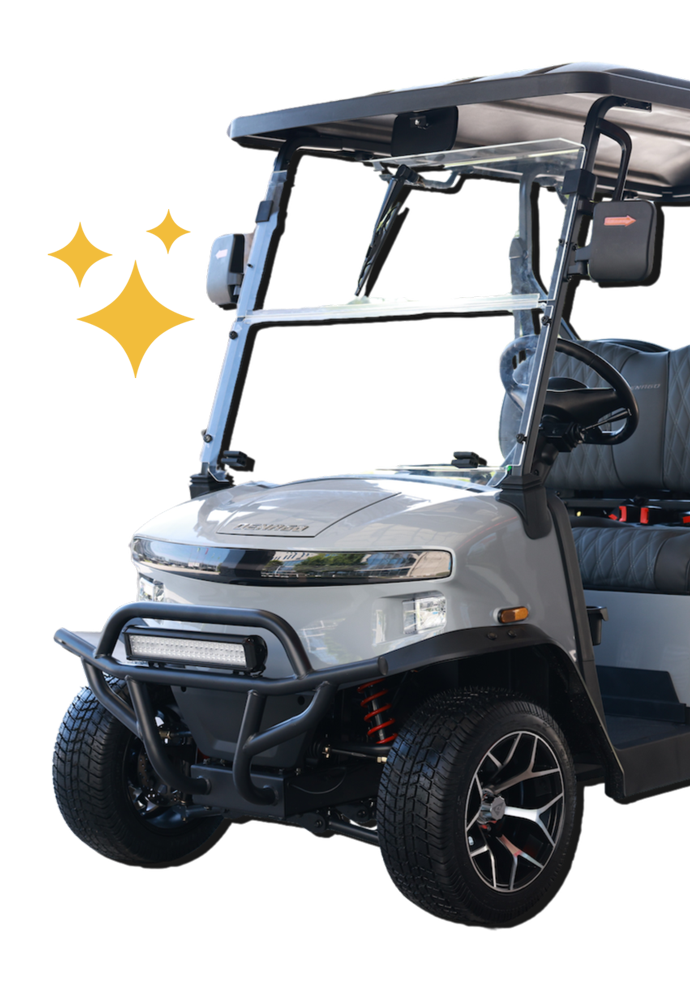 A gray electric golf cart with a roof, black bumper guard, and black seats.