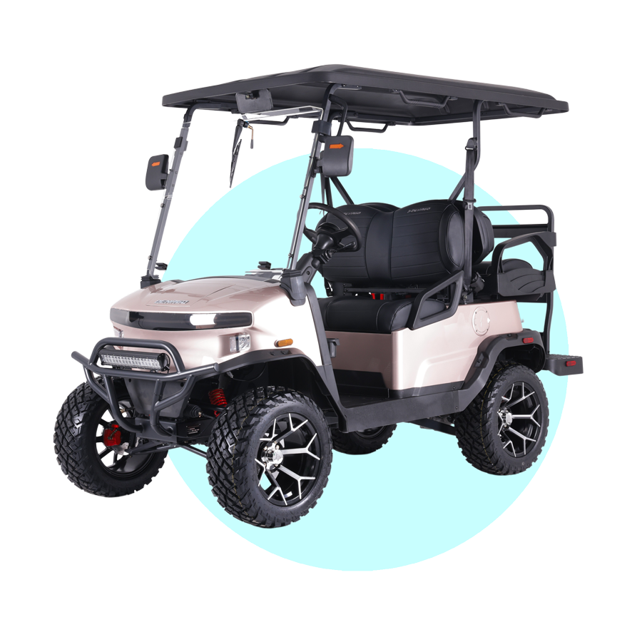 A white golf cart with four large tires, black seats, a black roof, and front and rear protective bumpers.