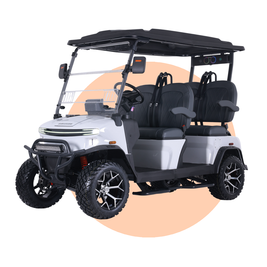 White electric golf cart with black seats, four wheels, and protective roof.