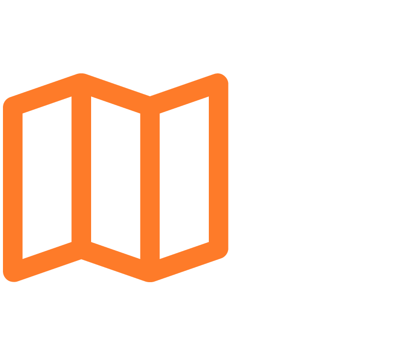Orange travel map icon with three sections on a black background.