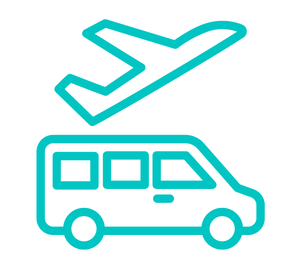 Outline of an airplane flying over a passenger van.