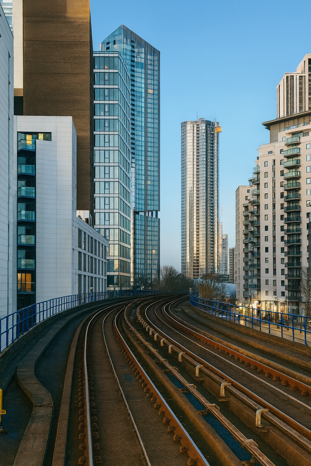 Cityscape with a railway track curving through tall modern buildings during daytime.