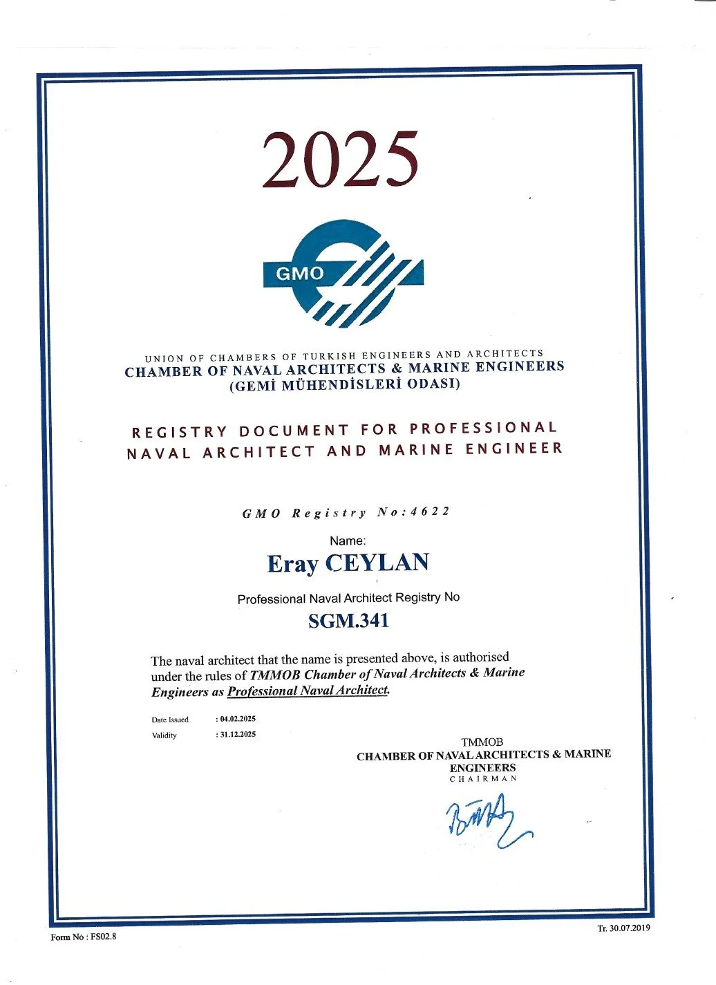 A professional registry document for a naval architect and marine engineer named Eray CEYLAN, issued in 2025 by the Chamber of Naval Architects & Marine Engineers, with a signature at the bottom.