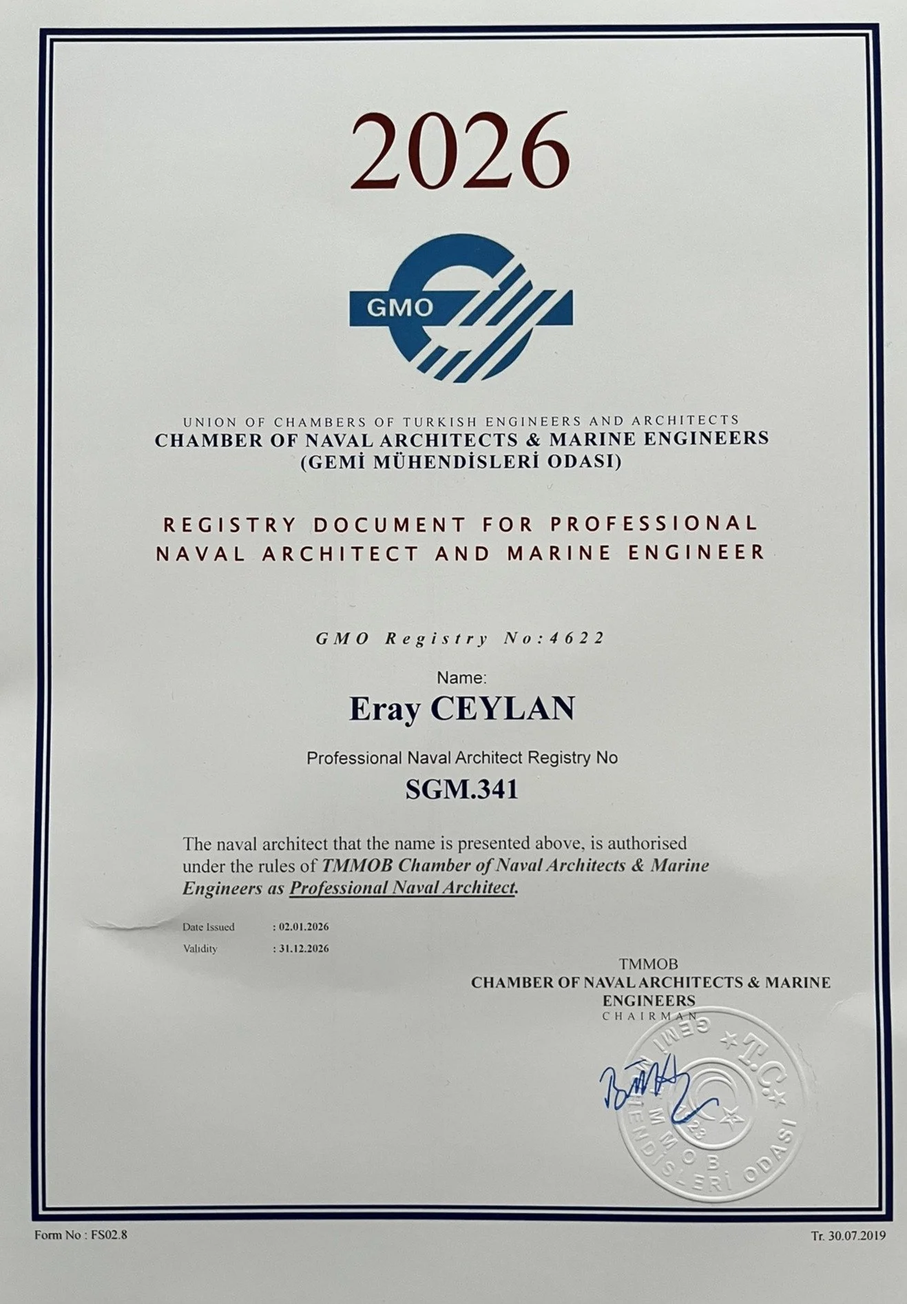 A professional registry document for a naval architect and marine engineer named Eray CEYLAN, issued in 2025 by the Chamber of Naval Architects & Marine Engineers, with a signature at the bottom.