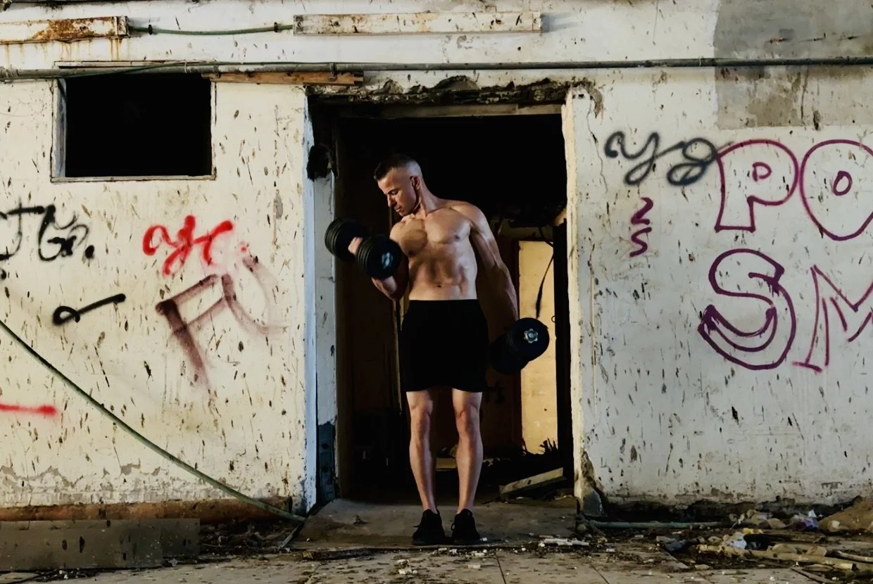 Photo of a man doing dumbbell curls in a doorway