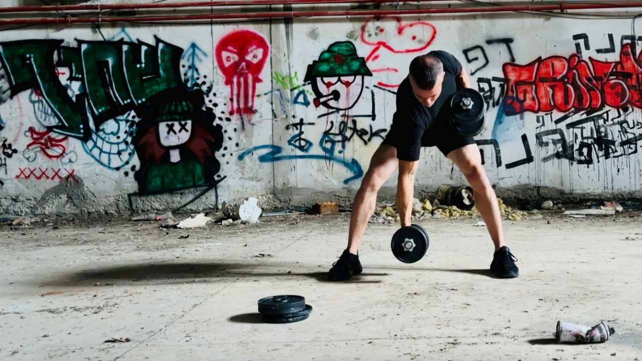 Man doing dumbbell gorilla rows with graffiti on the wall behind him.