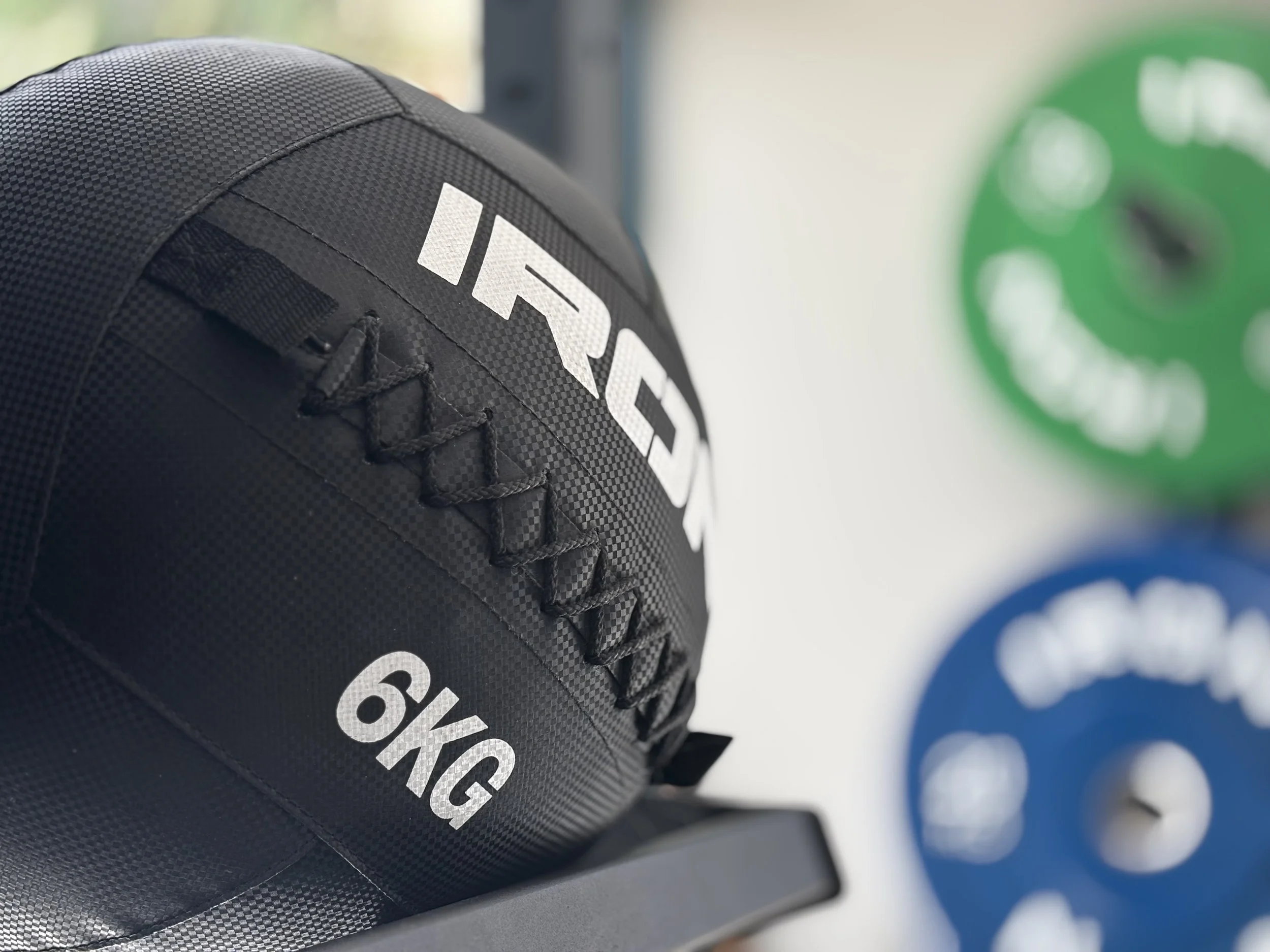 medicine ball on a rack with plates in the background