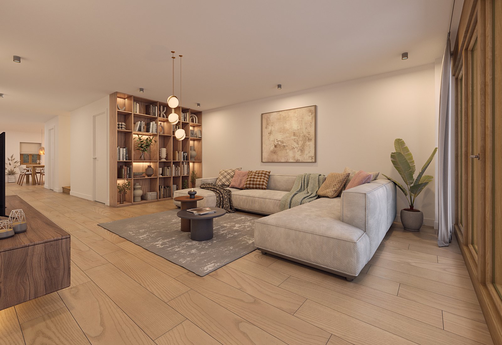 Modern living room with light-colored sectional sofa, patterned and solid throw pillows, wooden bookshelf, small round coffee tables, abstract wall art, potted plant, light wood flooring, soft ambient lighting.