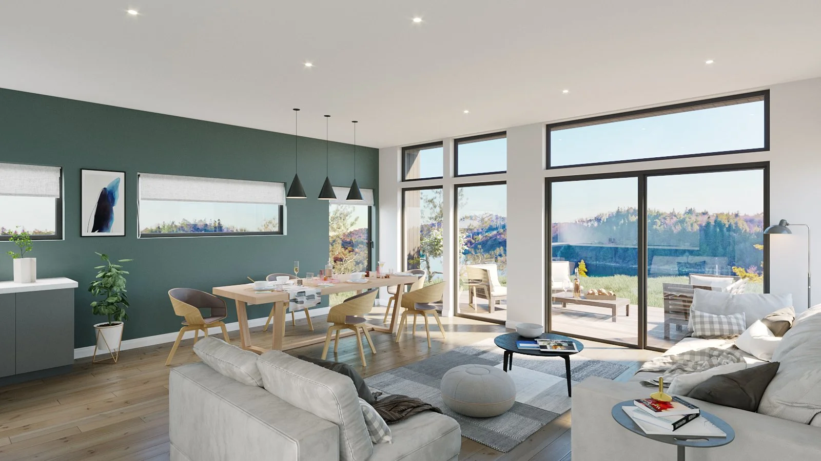 Bright and modern living room and dining area with large windows and sliding glass door leading to outdoor patio, furnished with white sofas, a wooden dining table, and minimalist decor.