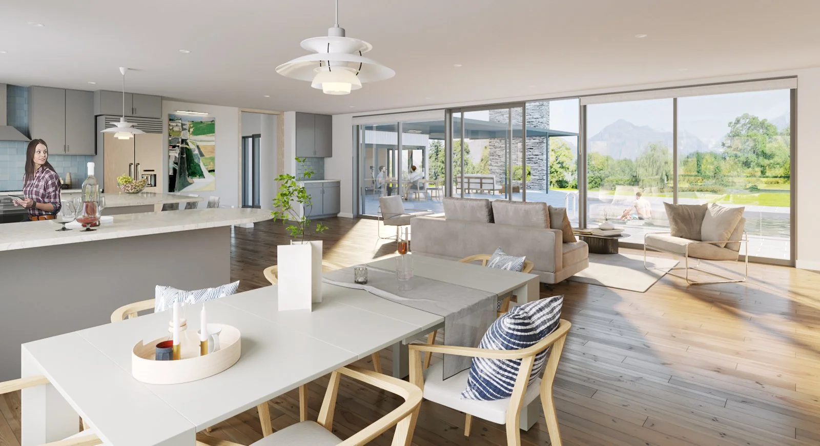 Modern open-plan living room and kitchen with ample natural light, overlooking a scenic outdoor view of a lake and mountains.