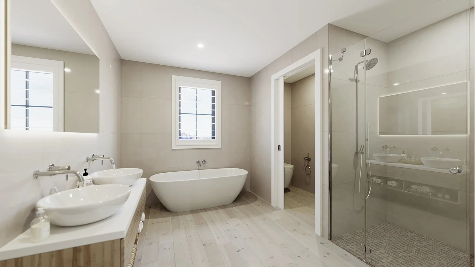 Modern bathroom with a free-standing bathtub, double sink vanity, shower enclosure, and toilet, with large windows and beige tiled walls.