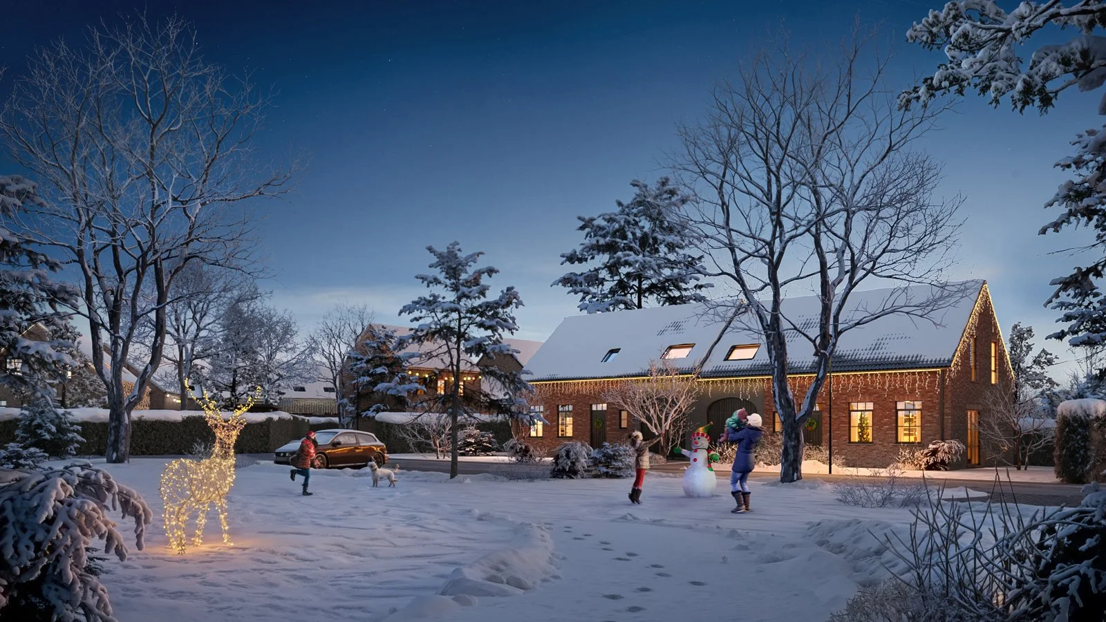 Snow-covered house decorated with Christmas lights, children playing in front, snowman, and illuminated reindeer sculpture outdoors at dusk.