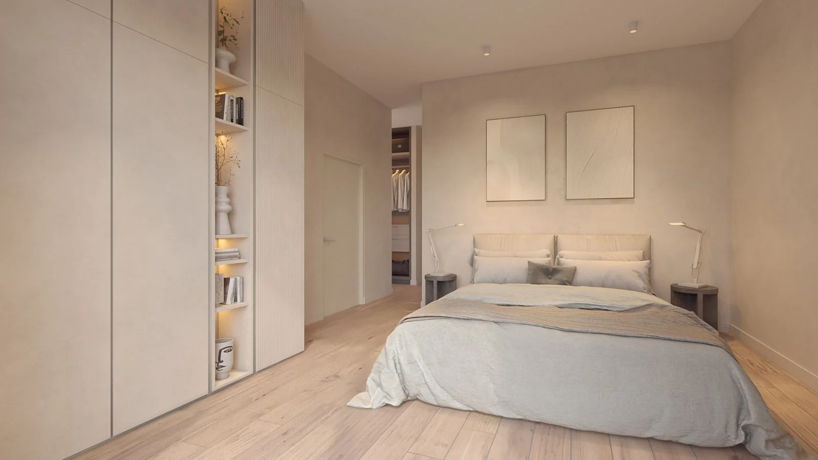 A modern minimalist bedroom with a beige bed, two nightstands, and reading lamps. There's a built-in bookshelf with decorative items and books on the left, and an open walk-in closet with hanging clothes in the background.