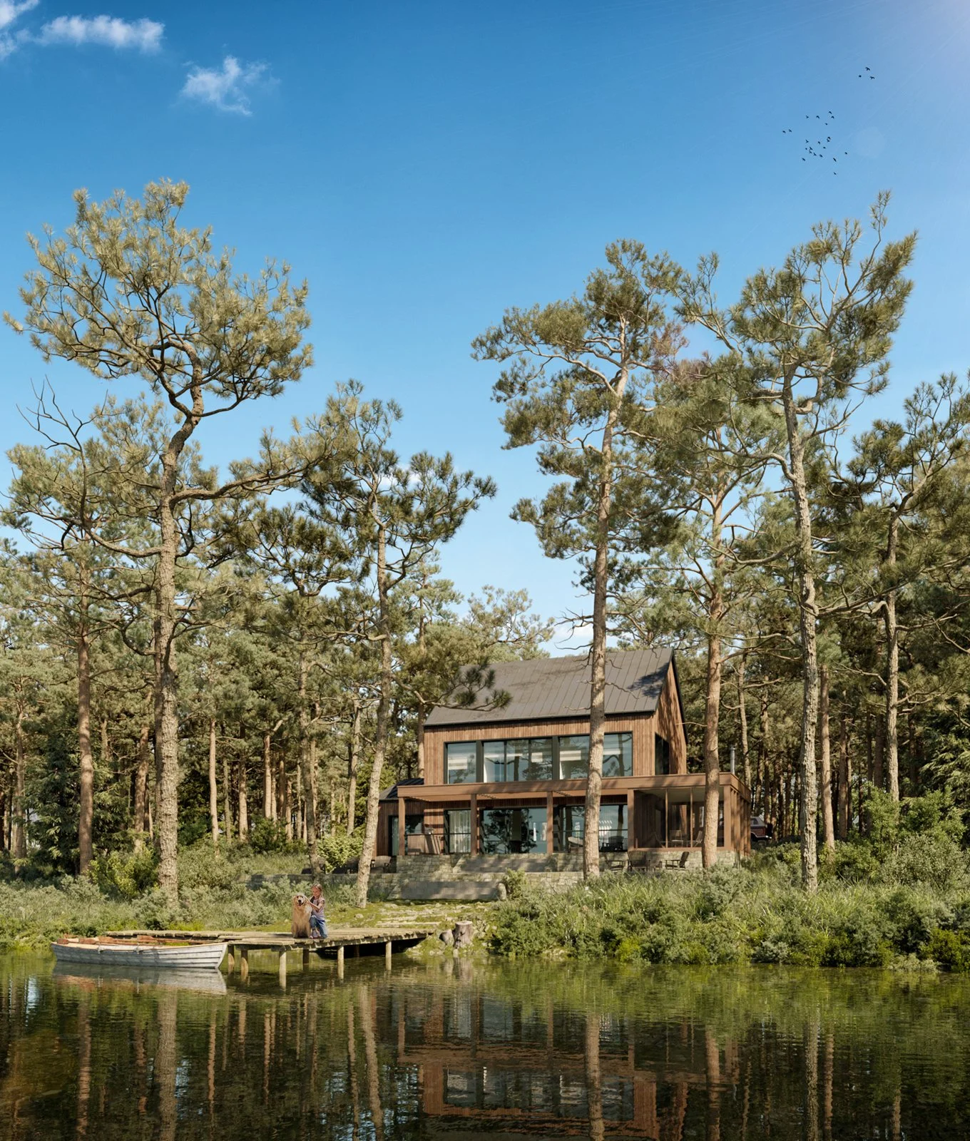 A modern two-story house with large glass windows, situated among tall pine trees near a body of water with a dock and a person fishing.
