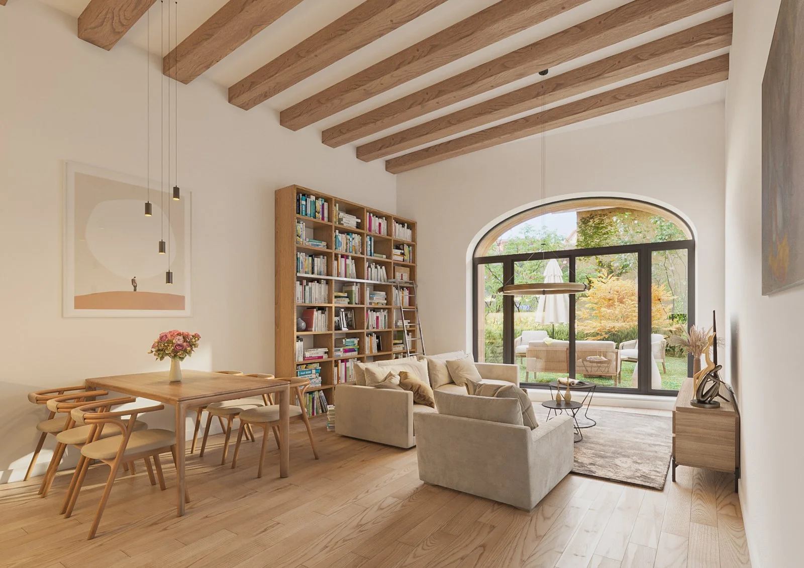 A bright living room with a high ceiling and wooden beams, furnished with beige sofas, a wooden bookshelf, and a dining table with chairs, with large windows overlooking a garden.