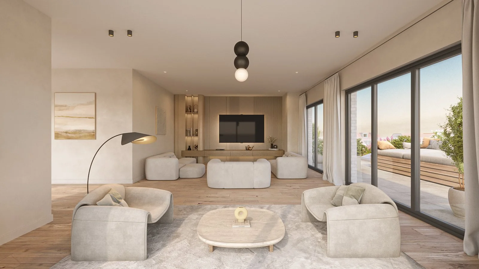 Modern living room with beige and white furniture, a large flat-screen TV, and sliding glass doors leading to an outdoor terrace with seating.