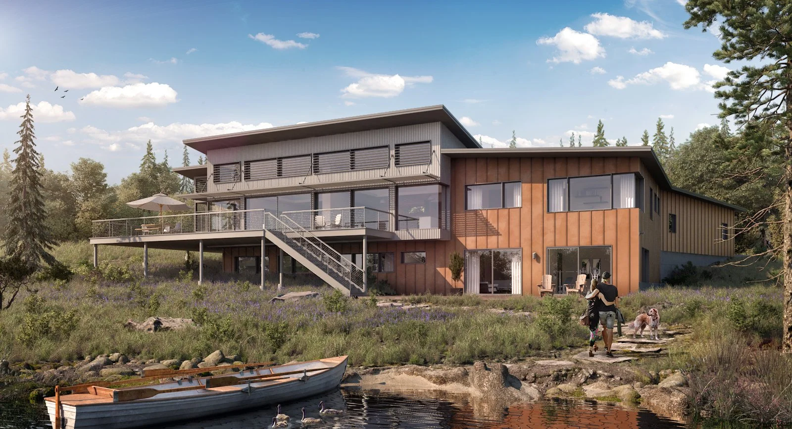 Modern house with multiple levels, large glass windows, and a balcony overlooking a water body. People are walking with dogs near the house, and there is a boat on the water. The scene is set in a natural, wooded area with trees and shrubs.