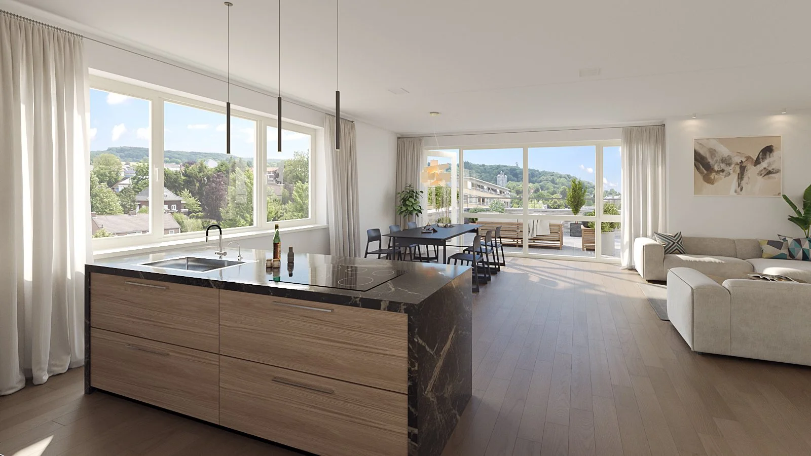 Open-concept living room and kitchen with large windows showing a green hilly landscape, modern furniture, and minimalistic decor.