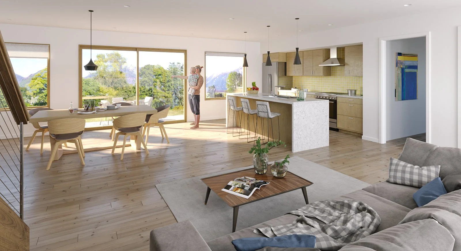 A spacious, modern open-plan living and dining area with large windows showing a scenic mountain view, a dining table with six wooden chairs, a kitchen with a breakfast bar and three chairs, a gray sofa with cushions, a wooden coffee table with magaz