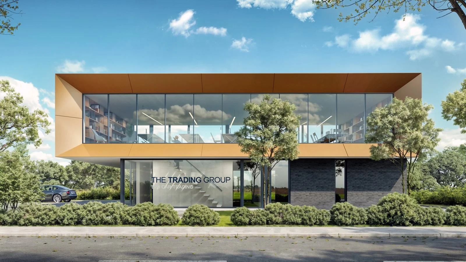 Modern two-story office building with large glass windows, surrounded by greenery and trees, with a parking lot on the left.