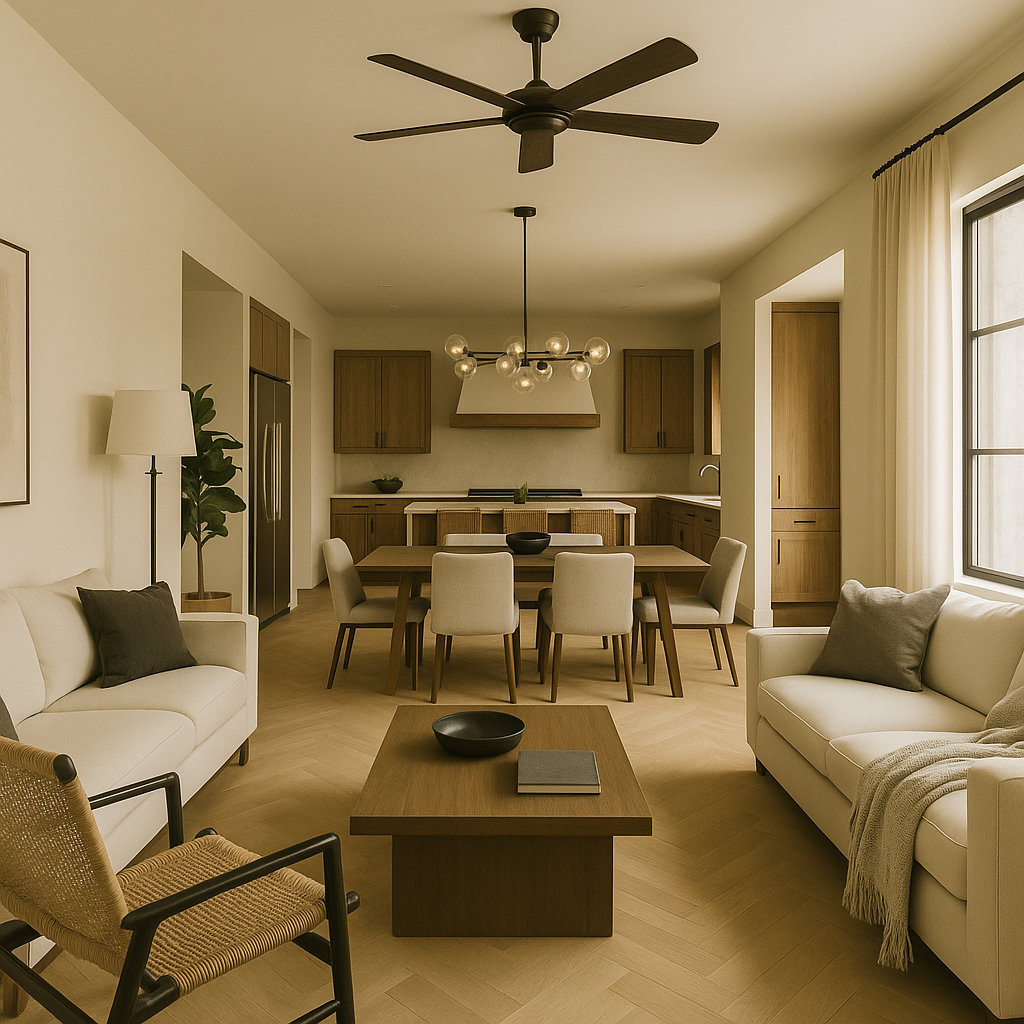 A two-story house with large sliding glass doors, a balcony, an outdoor dining area, a fireplace, and a swimming pool at sunset.