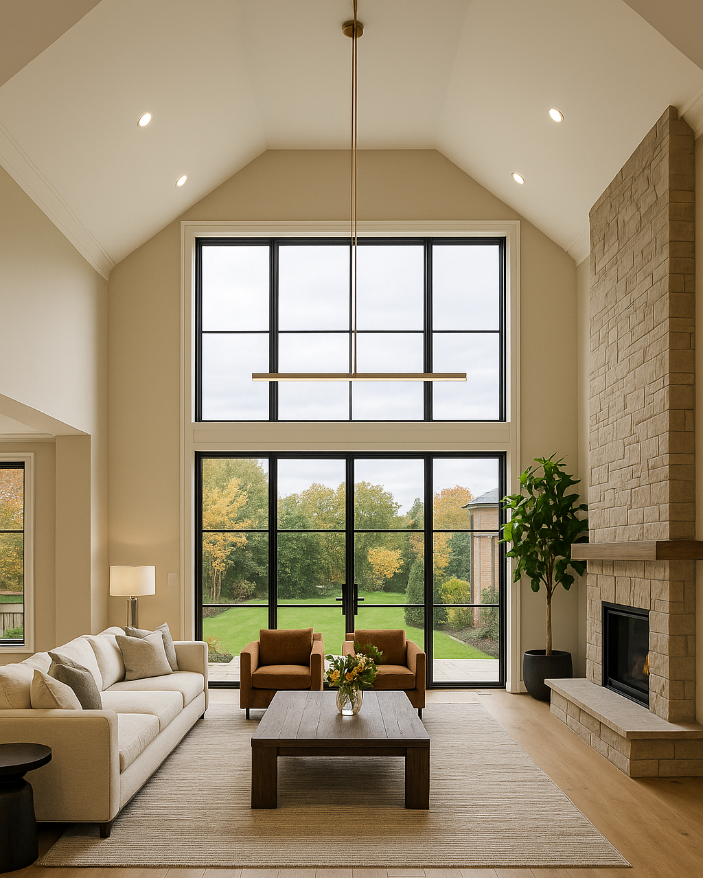Living room with large windows, beige sofa with pillows, two brown armchairs, wooden coffee table with a vase of flowers, stone fireplace with a potted plant beside it, and a view of a green backyard.