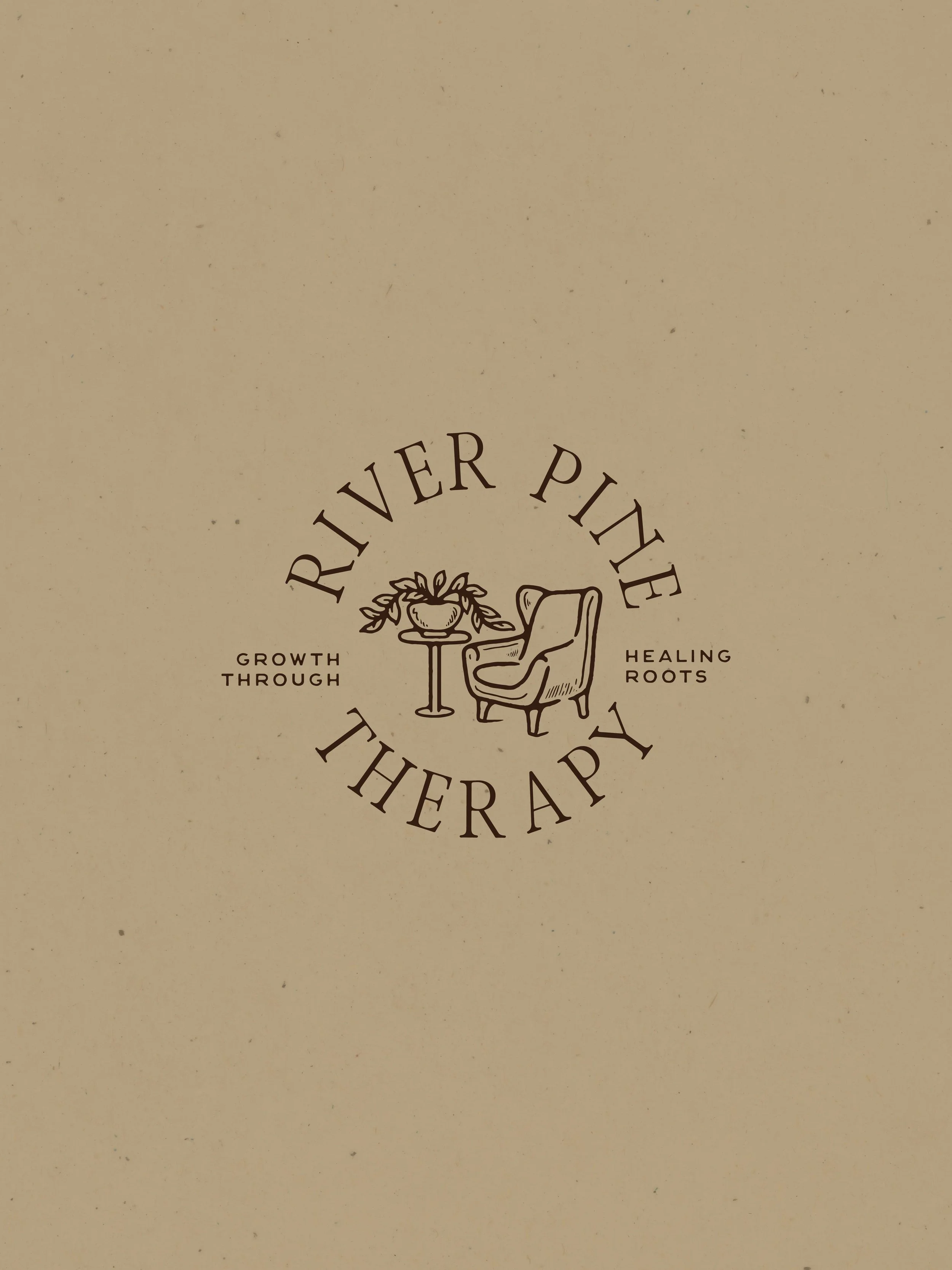 RIVER PINE THERAPY logo with a chair and a flowerpot, surrounded by the words "Growth Through" on the left and "Healing Roots" on the right.
