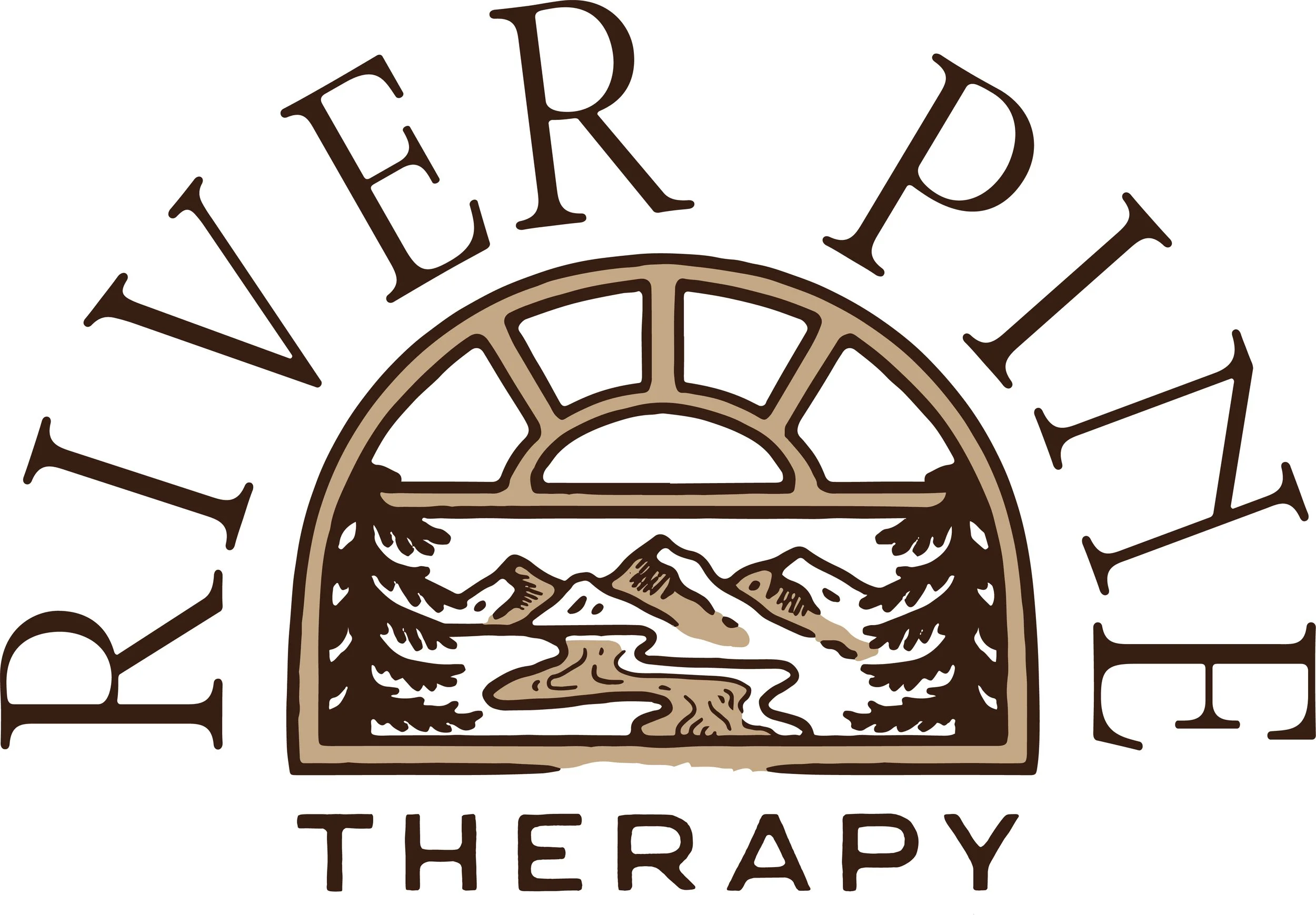 Logo with the words "River Peak Therapy" and an illustration of mountains, trees, and a river inside a semi-circle with a sun or moon above.