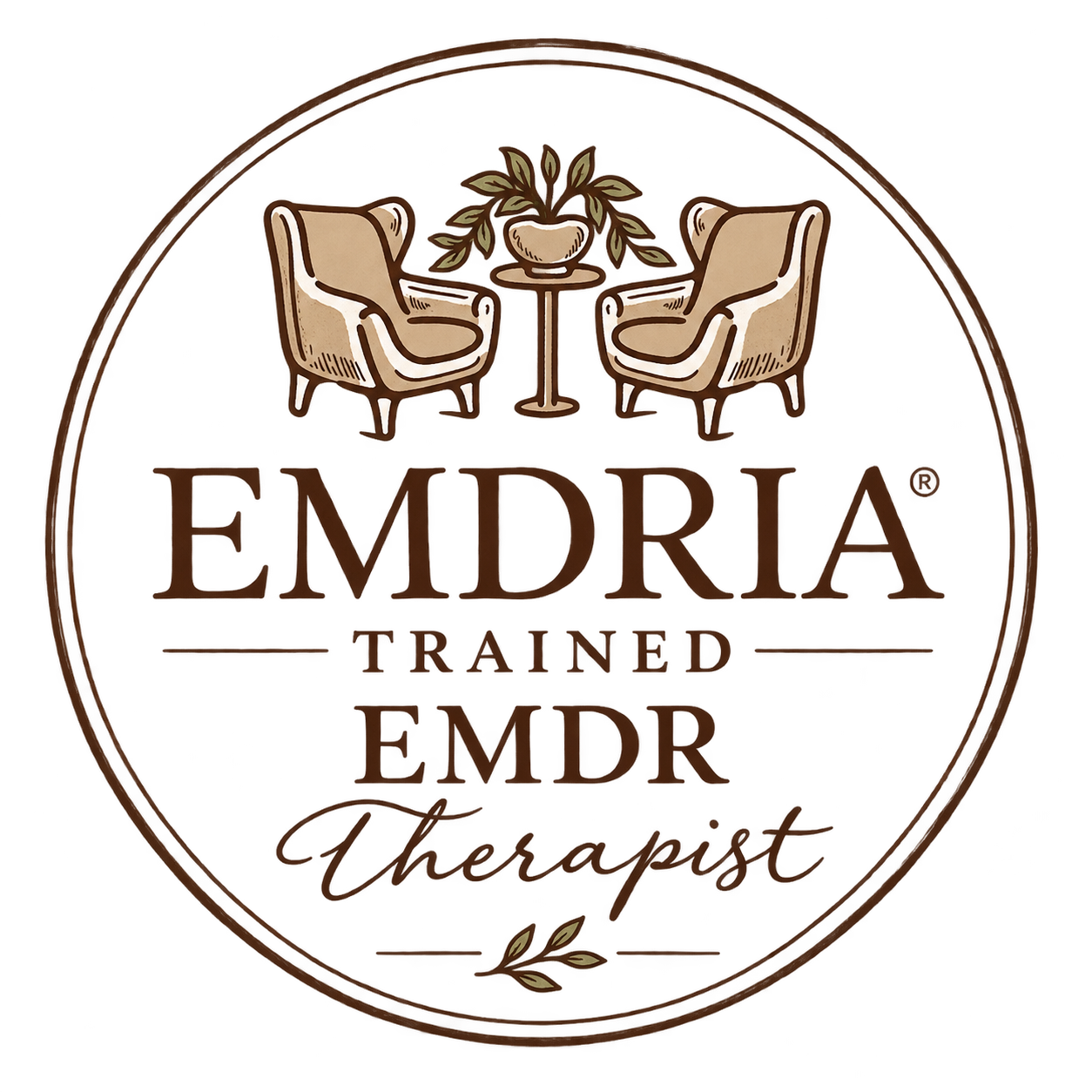 Logo with two chairs and a table with a plant, and the words "EMDRIA TRAINED EMDR Therapist"