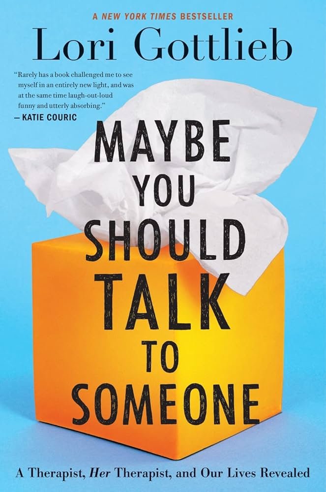 Cover of the book "Maybe You Should Talk to Someone" by Lori Gottlieb, featuring a yellow tissue box with a crumpled tissue on top, set against a blue background.