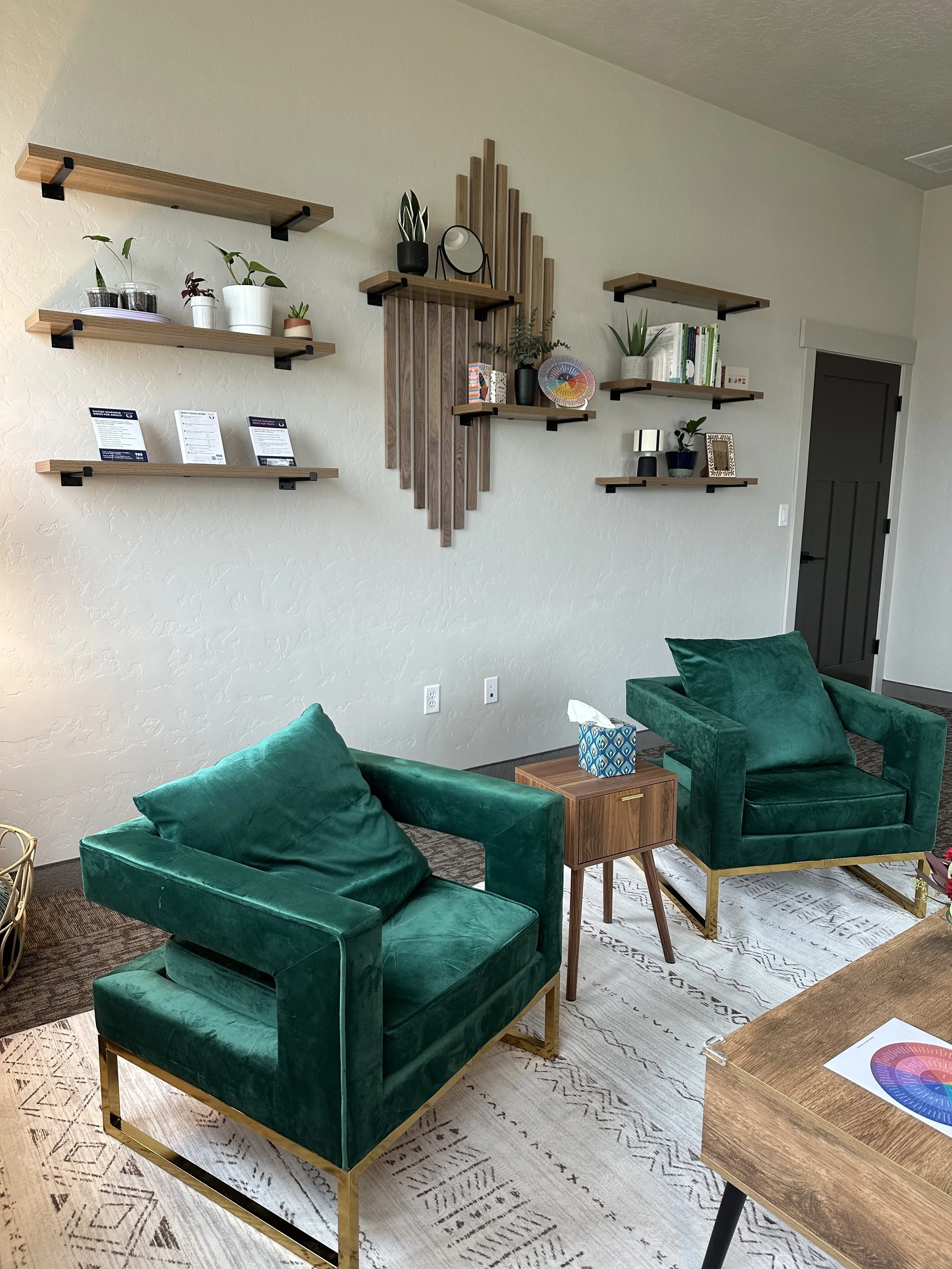 A cozy living room with two green velvet armchairs with gold legs, a small wooden side table with a tissue box between them, a wooden coffee table with a colorful circular chart on top, a white patterned rug, and a beige textured wall with wooden wall-mounted shelves holding various potted plants, books, and decorative items.