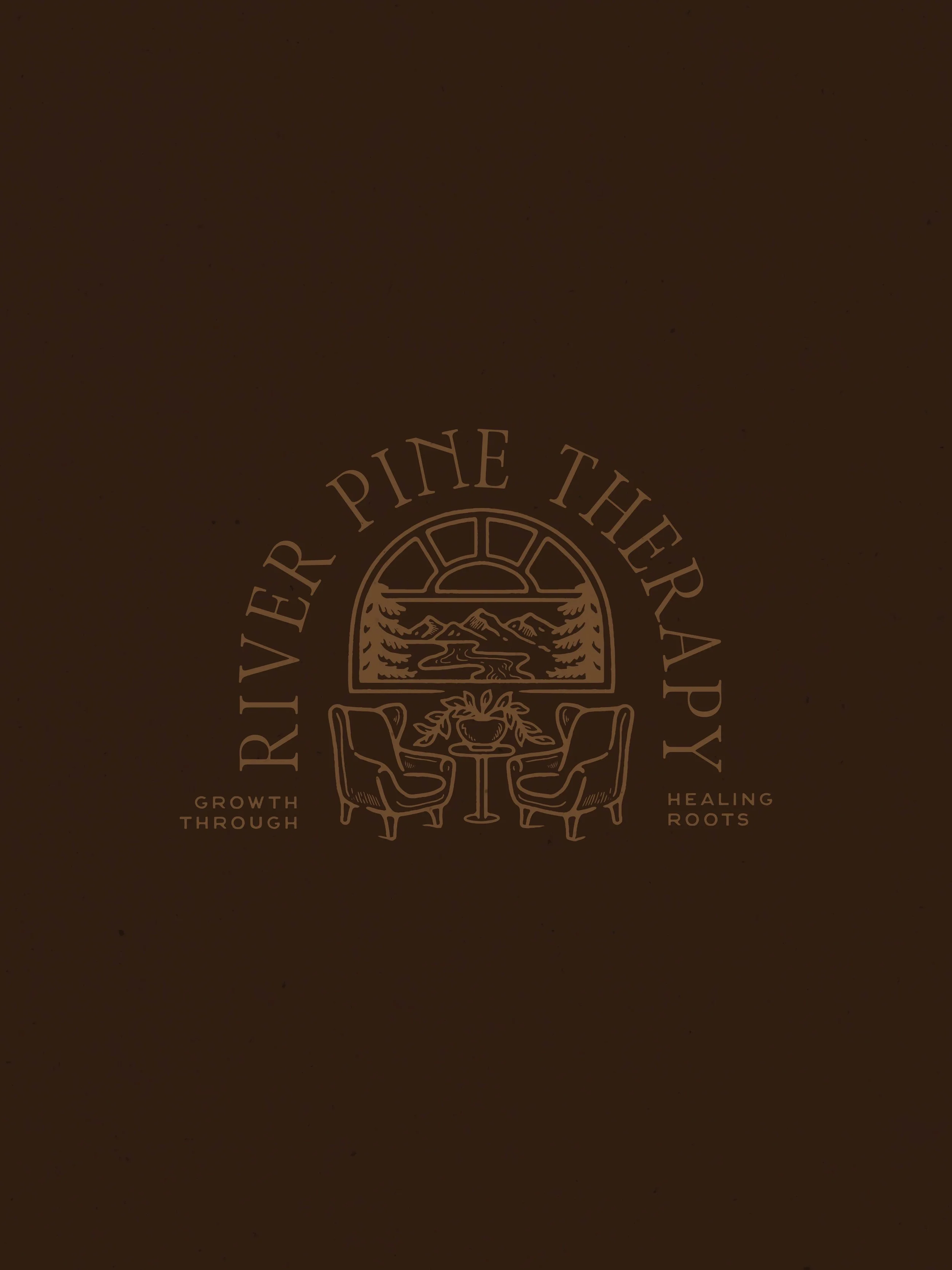 Brown background with a circular logo in the center featuring a mountain and river scene, surrounded by the words "Ever Vermont Pine Therapy" and the phrases "Growth Through" and "Healing Roots".