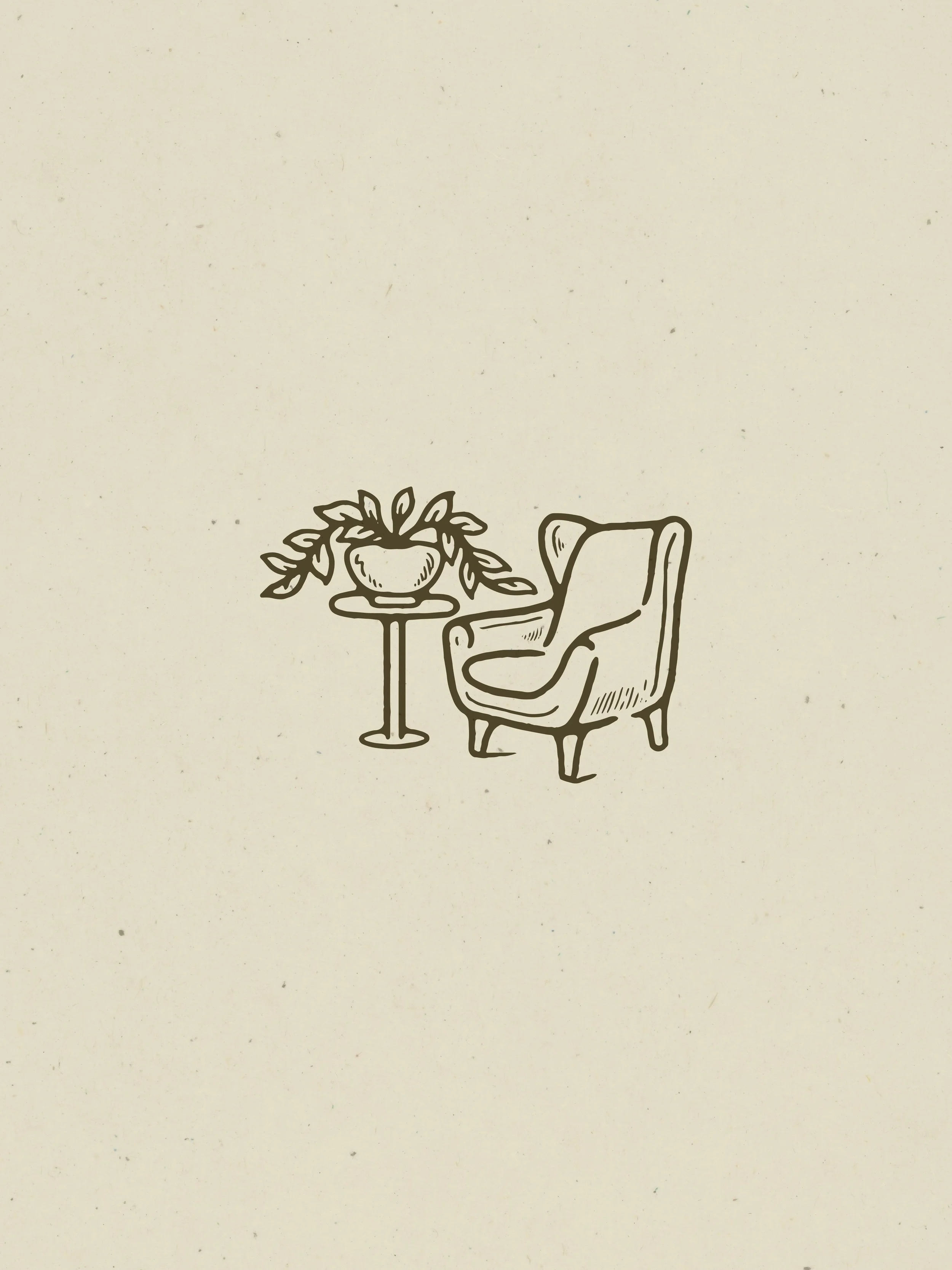 Line drawing of an armchair with a cushion, next to a small table with a potted plant on top.