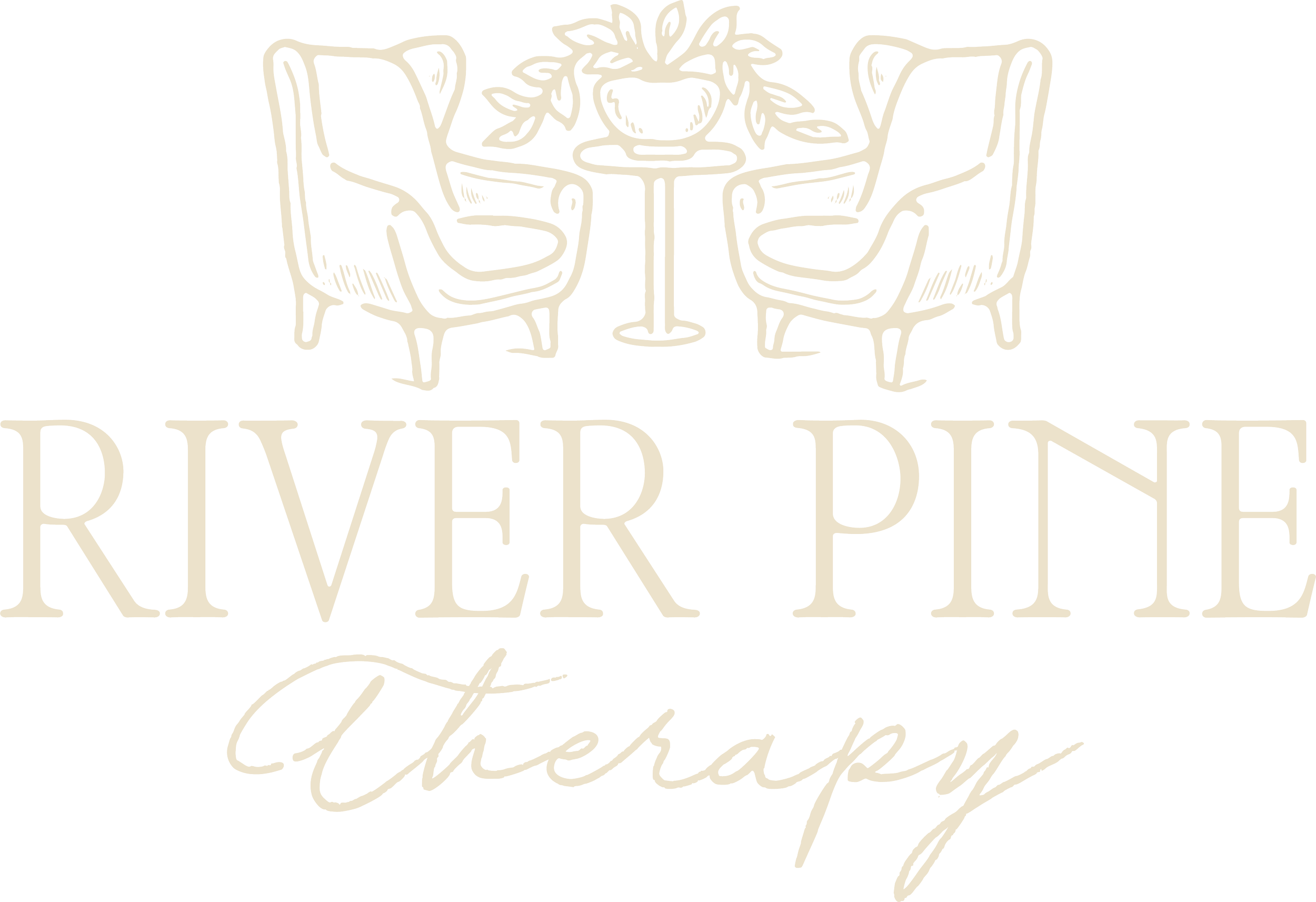 Logo for River Pine Therapy featuring two chairs and a small table with a potted plant in the center.