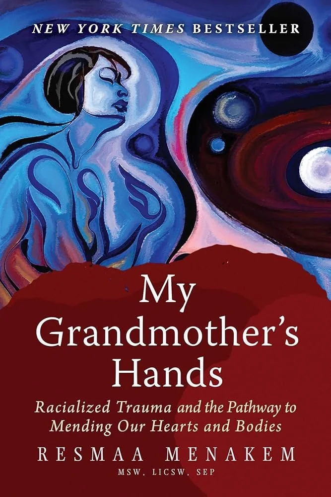 Book cover titled "My Grandmother's Hands" featuring an abstract blue-toned woman with closed eyes and dark hair, surrounded by swirling colors and celestial elements like moons and stars.