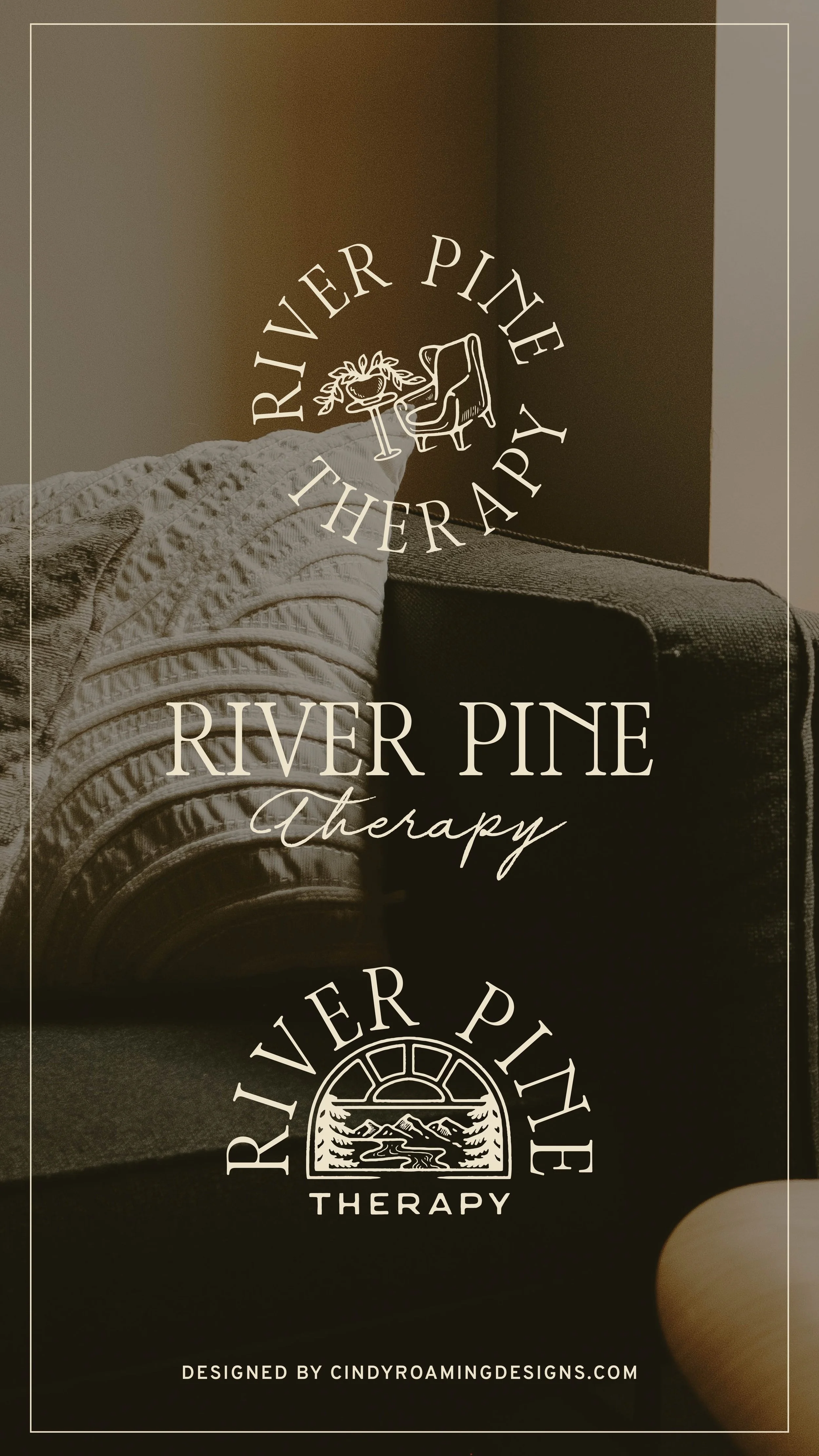 Logo for River Pine Therapy overlayed on a photo of a couch with a blanket and a pillow, with a wooden object in the bottom right corner.