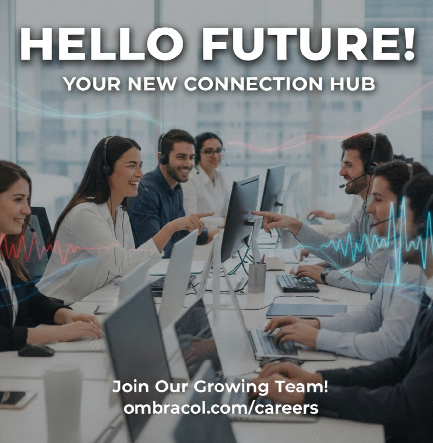 A diverse group of people in a modern office, wearing headsets and working together at computers, with digital wave graphics overlayed.