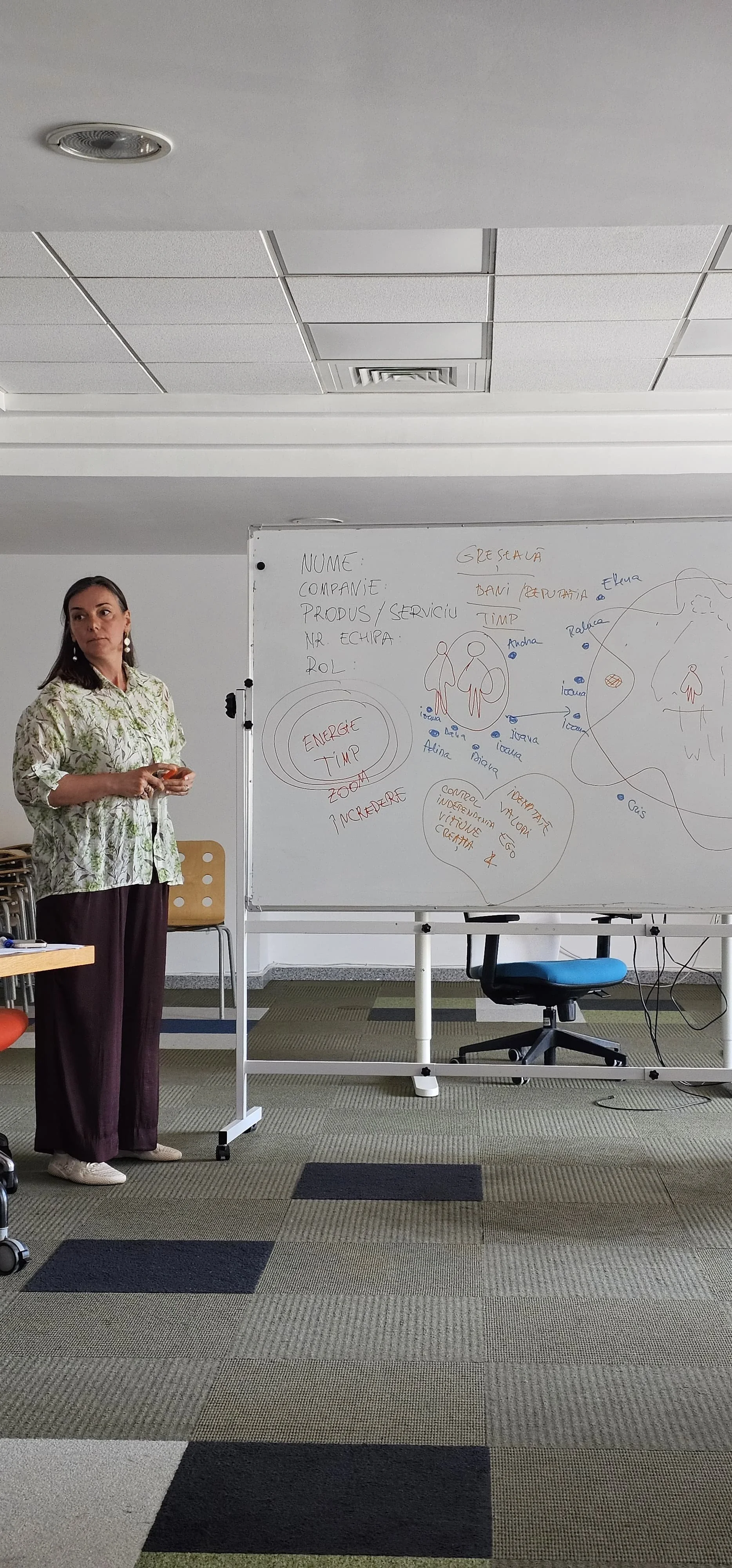 A woman stands in front of a whiteboard filled with notes, diagrams, and drawings in a room with a patterned carpet and ceiling lights.