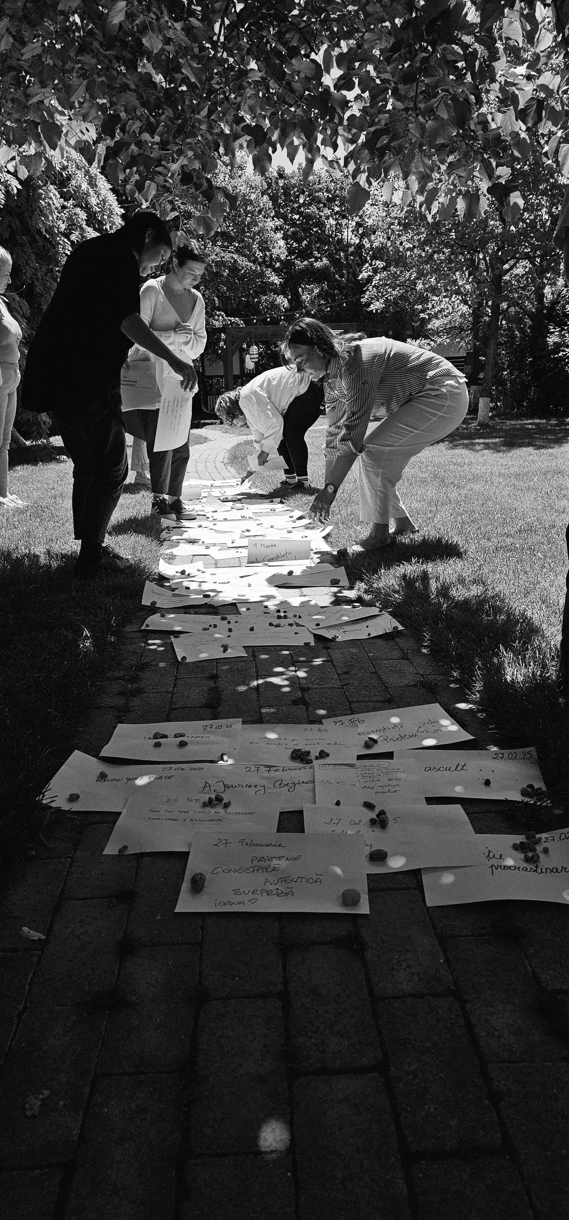 Group of people laying out papers with handwritten notes and small stones on a paved pathway outdoors, surrounded by trees and foliage.